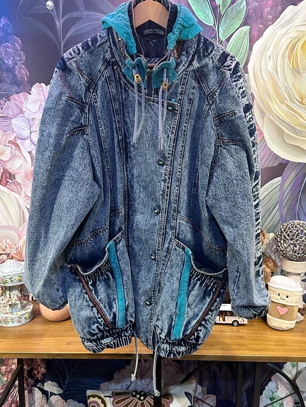 Weathered Blues L Women's Denim Jacket Acid Wash Boho Southwestern Grunge Hooded